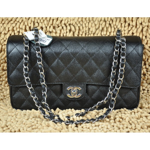 Chanel A01113 Classic Black Flap Borse Caviar Con Hardware Argen