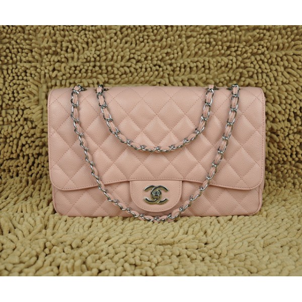 Chanel Pink Grain Leather Flap Borse Jumbo A28600 Con Silver Hw