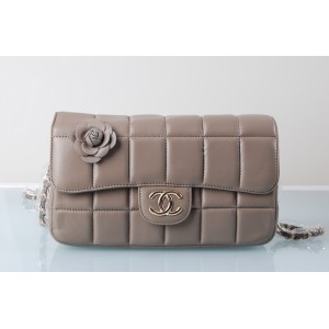 Borse Chanel Flap Camellia Agnello Grigio Con Hardware Oro