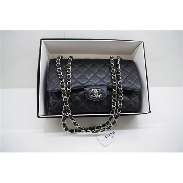 Chanel A47600 Caviar Black Leather Jumbo Flap Bag Argento Hw