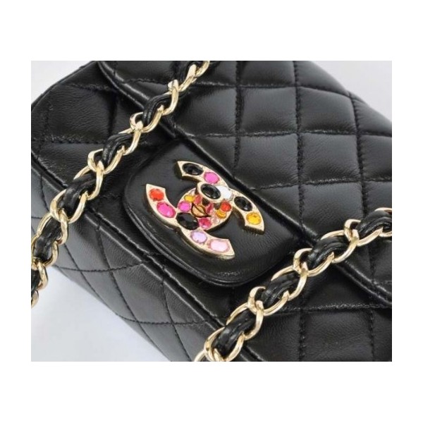 Chanel 2011 Black Flap Bag Agnello Mini Con Multi Stone Di Blocc