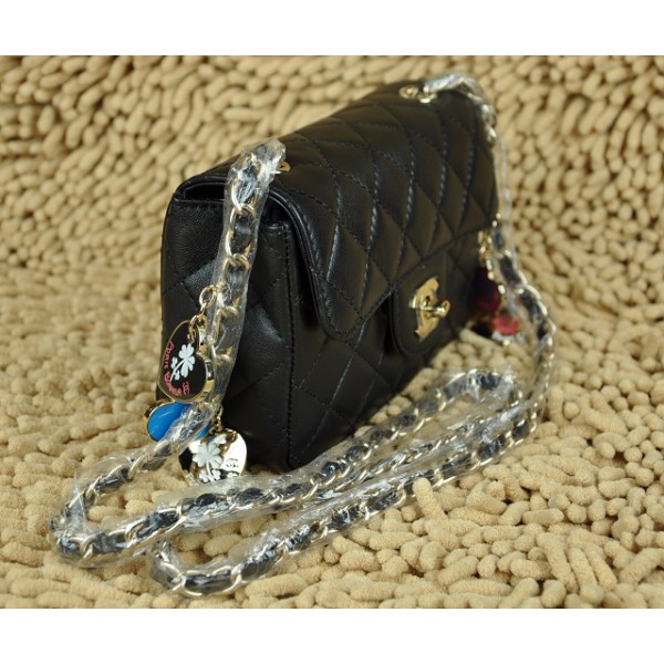 Chanel Black Agnello Flap Bag Mini Con Charm Heart Shaped