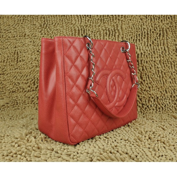 Chanel A20995 Red Caviar Leather Tote Shopping Gst Con Argento H