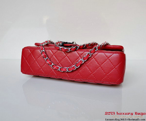 Chanel A01112 Classic Flap Bag Red Sheepskin Silver