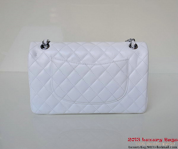 Chanel A01112 Classic Flap Bag White Sheepskin Silver