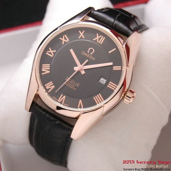 OMEGA DE VILLE Co-AXIAL CHRONOMETER Red Gold on Black Leather Strap OM77024