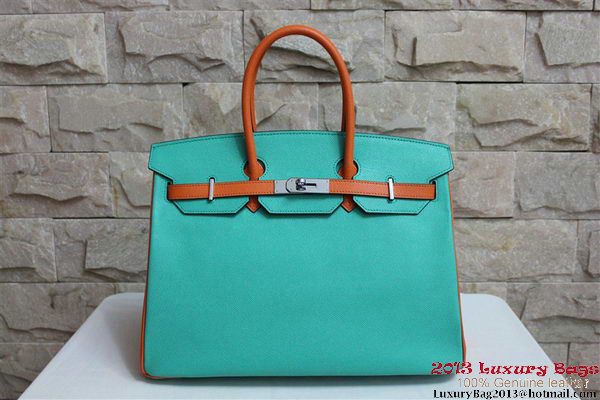 2013 Hot Sale Hermes Birkin 35CM Tote Bag Calf Leather Orange&Light Blue