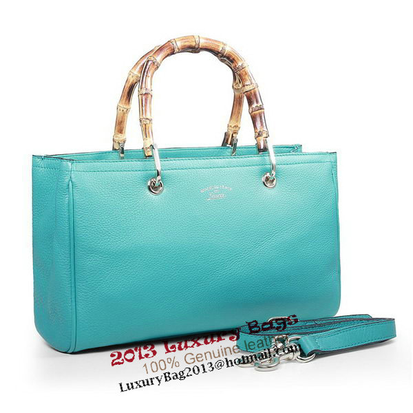 Gucci 323660 Light Blue Bamboo Shopper Calf Leather Tote Bag