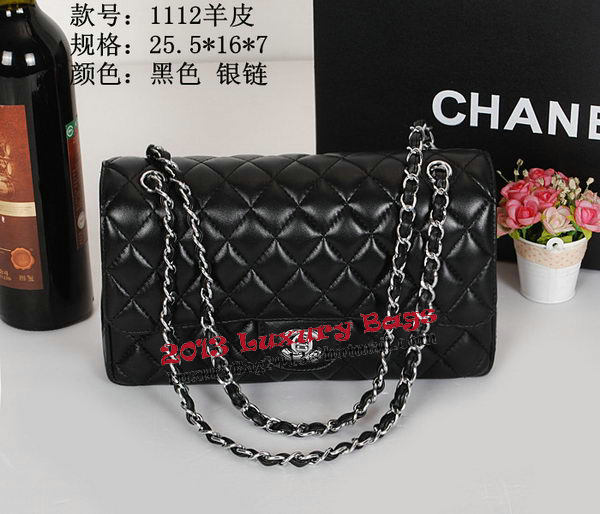 Chanel 2.55 Series Classic Flap Bag 1112 Black Sheepskin Leather Silver