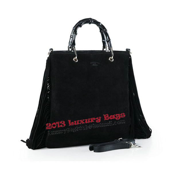 Gucci Bamboo Fringe Shopper Suede Tote Bag 349195 Black