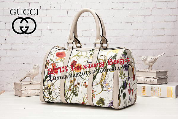 Gucci 247205 White Vintage Flora Leather Boston Bag