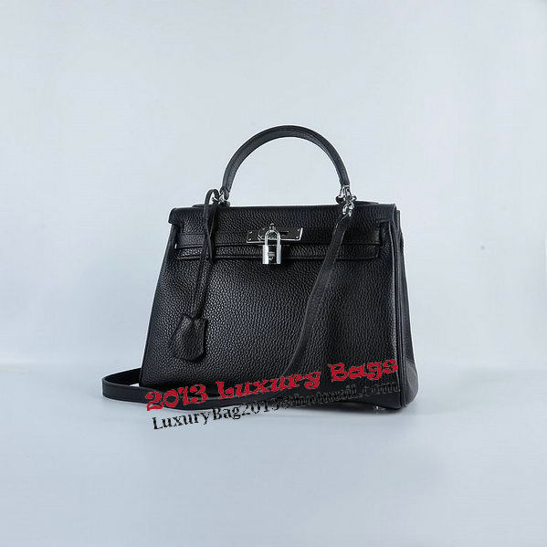 Hermes Kelly 28cm Shoulder Bags Black Grainy Leather Silver