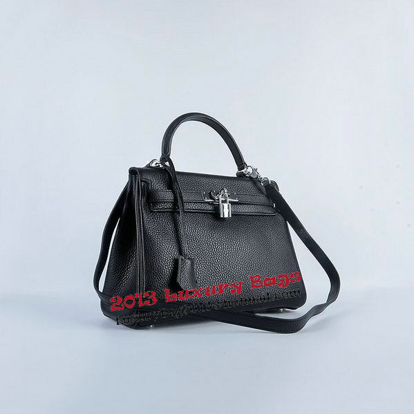 Hermes Kelly 28cm Shoulder Bags Black Grainy Leather Silver