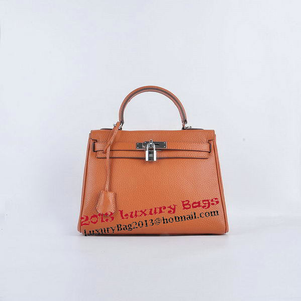 Hermes Kelly 28cm Shoulder Bags Orange Grainy Leather Silver