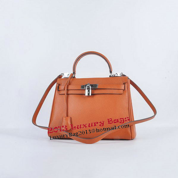 Hermes Kelly 28cm Shoulder Bags Orange Grainy Leather Silver