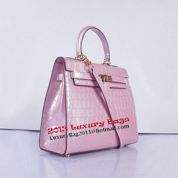 Hermes Kelly 28cm Shoulder Bags Pink Croco Patent Leather Gold