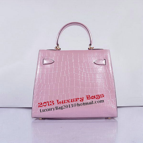 Hermes Kelly 28cm Shoulder Bags Pink Croco Patent Leather Gold