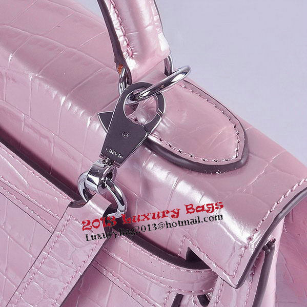 Hermes Kelly 28cm Shoulder Bags Pink Croco Patent Leather Silver