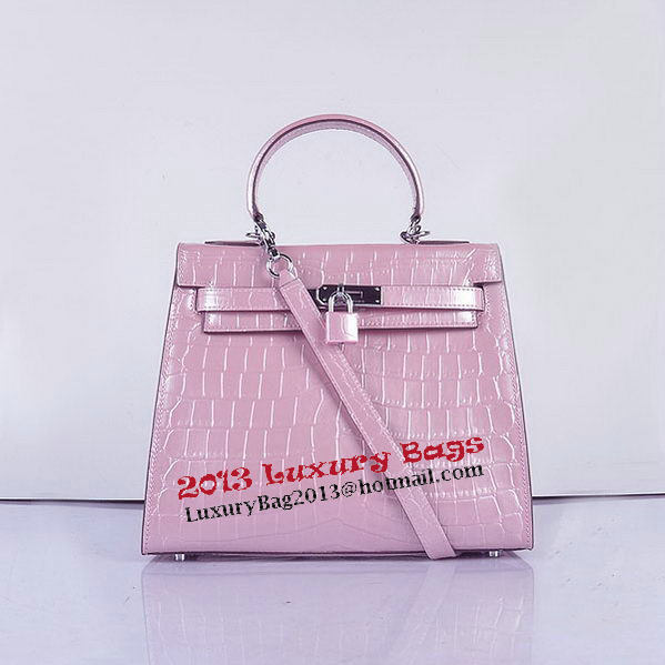 Hermes Kelly 28cm Shoulder Bags Pink Croco Patent Leather Silver