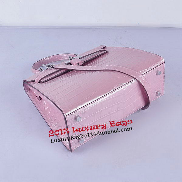 Hermes Kelly 28cm Shoulder Bags Pink Croco Patent Leather Silver