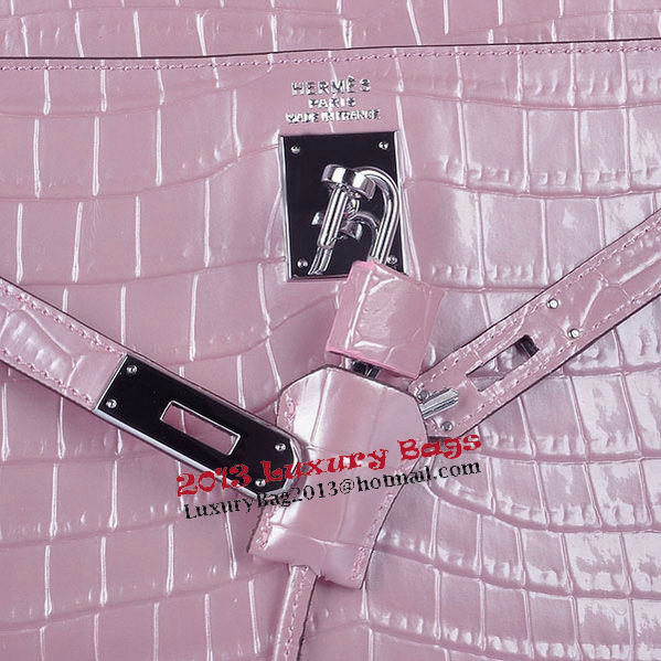 Hermes Kelly 28cm Shoulder Bags Pink Croco Patent Leather Silver