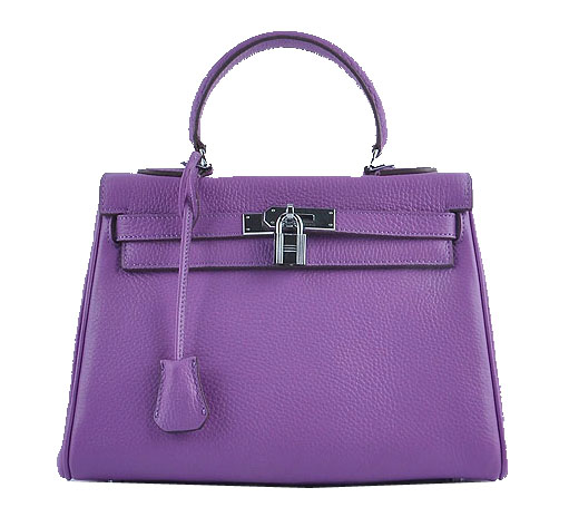 Hermes Kelly 28cm Shoulder Bags Purple Grainy Leather Silver