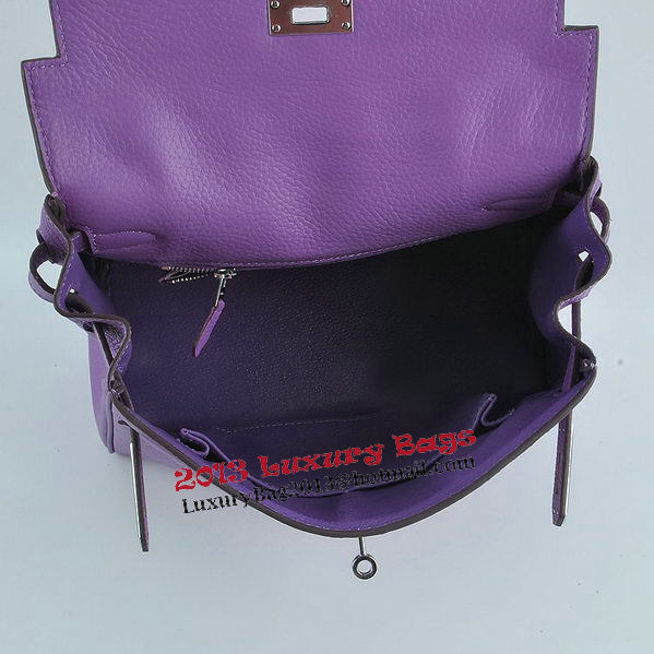 Hermes Kelly 28cm Shoulder Bags Purple Grainy Leather Silver