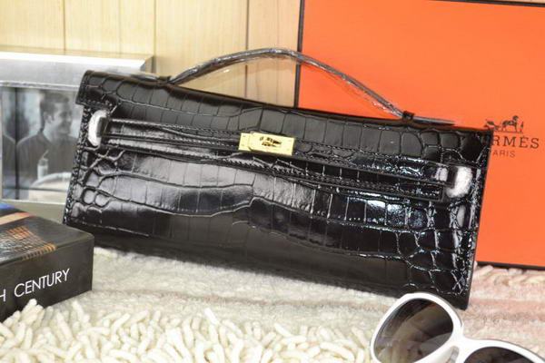 Hermes Kelly Clutch Bag Croco Leather K31 Black