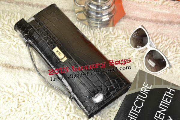 Hermes Kelly Clutch Bag Croco Leather K31 Black