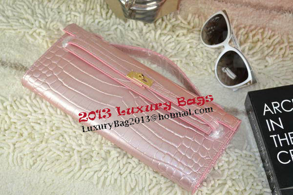 Hermes Kelly Clutch Bag Croco Leather K31 Light Pink