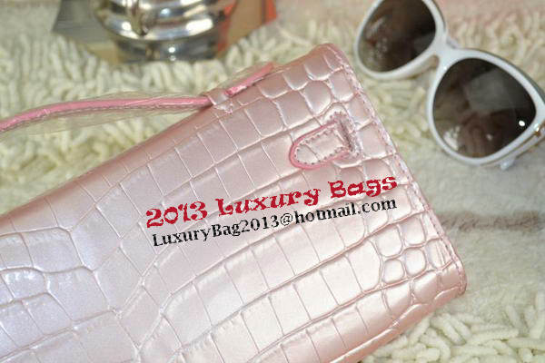 Hermes Kelly Clutch Bag Croco Leather K31 Light Pink