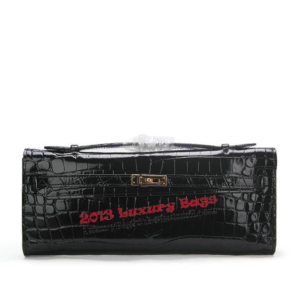 Hermes Kelly Clutch Bag Croco Leather K1002 Black