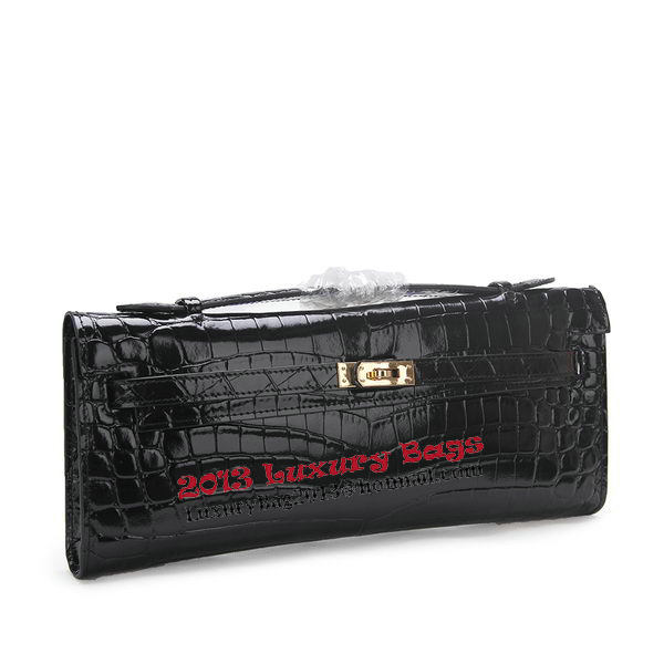 Hermes Kelly Clutch Bag Croco Leather K1002 Black