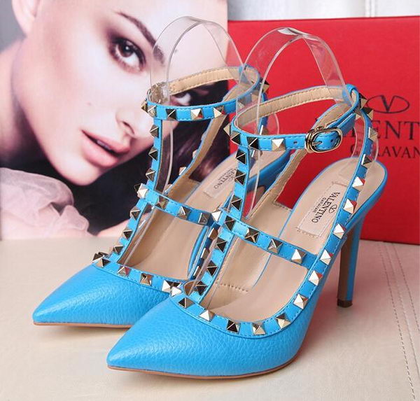 Valentino Litchi Leather Rivet 100mm Sandal VT263YZM Blue