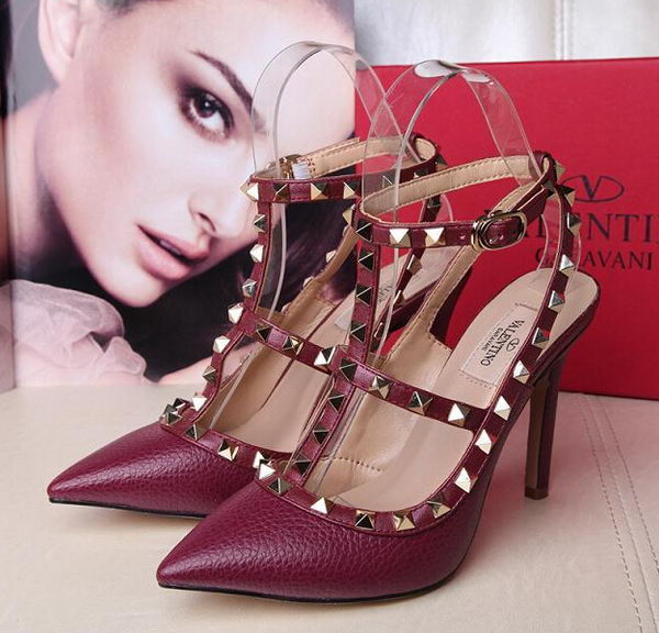 Valentino Litchi Leather Rivet 100mm Sandal VT263YZM Burgundy