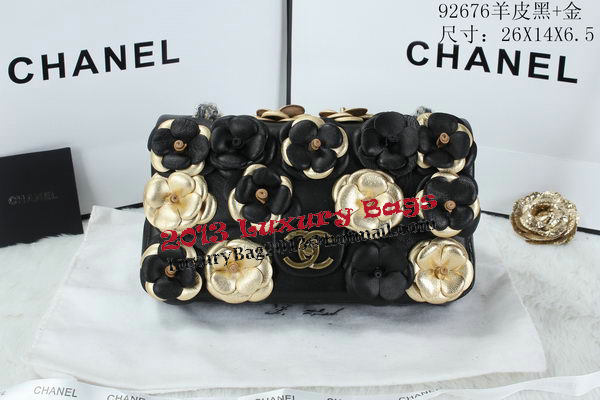 Chanel Classic Flap Camellia Bag Sheepskin Leather A92676 Black