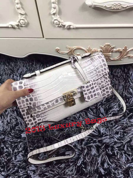 Hermes Kelly Clutch Bag Croco Leather K2651 White&Grey