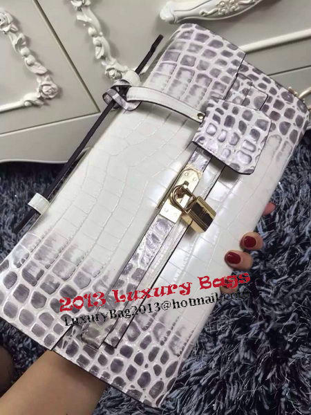 Hermes Kelly Clutch Bag Croco Leather K2651 White&Grey