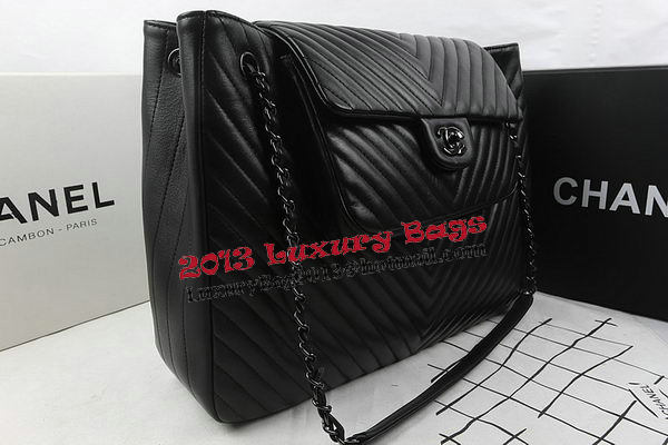 Chanel Large Shopping Bag Calfskin Chrvron Quilting A67880 Black