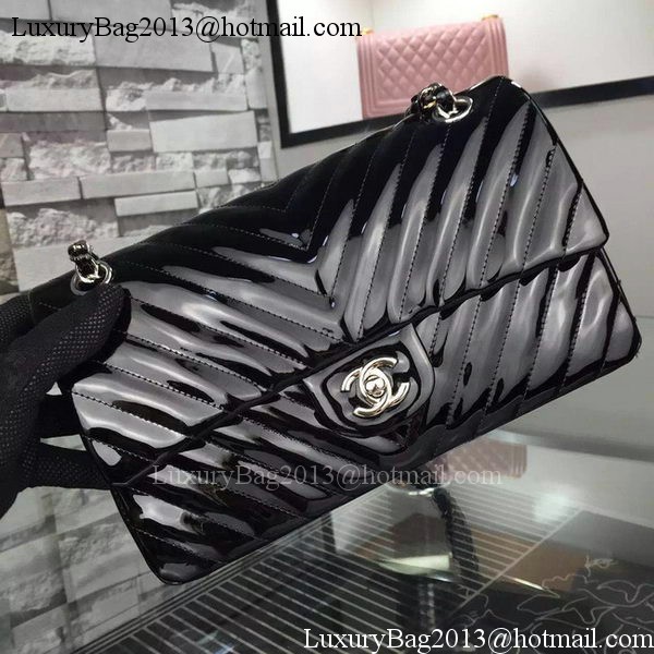 Chanel 2.55 Series Flap Bag Black Patent Chevron Leather A5023 Silver