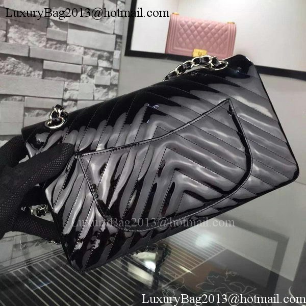 Chanel 2.55 Series Flap Bag Black Patent Chevron Leather A5023 Silver