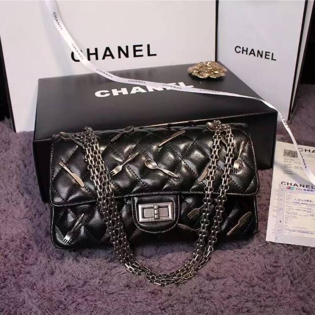 New Chanel 2.55 Series Flap Bag Black A1112 Silver