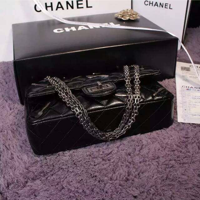 New Chanel 2.55 Series Flap Bag Black A1112 Silver