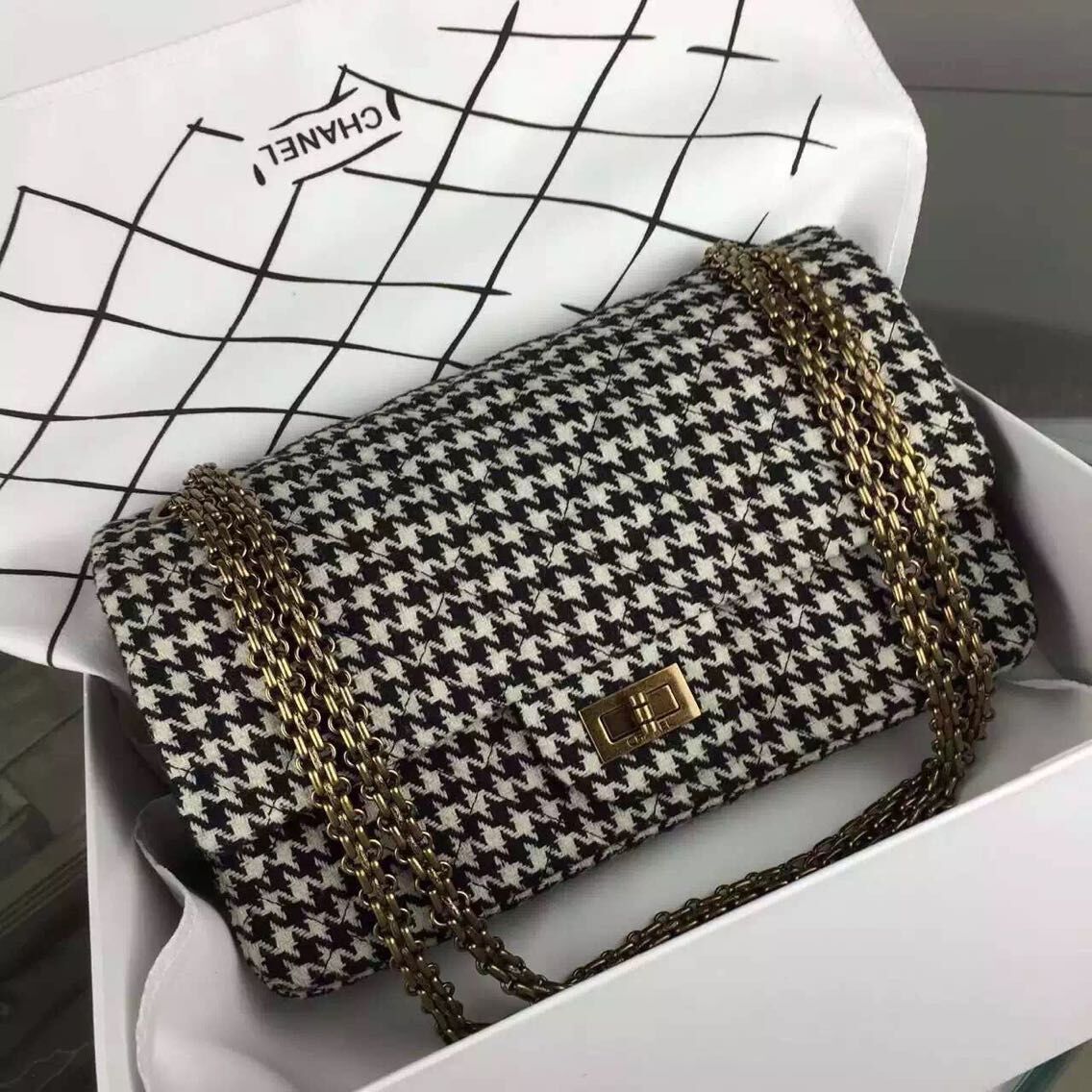 Chanel 2.55 Series Flap Bag Original Fabric A1112 White Grid