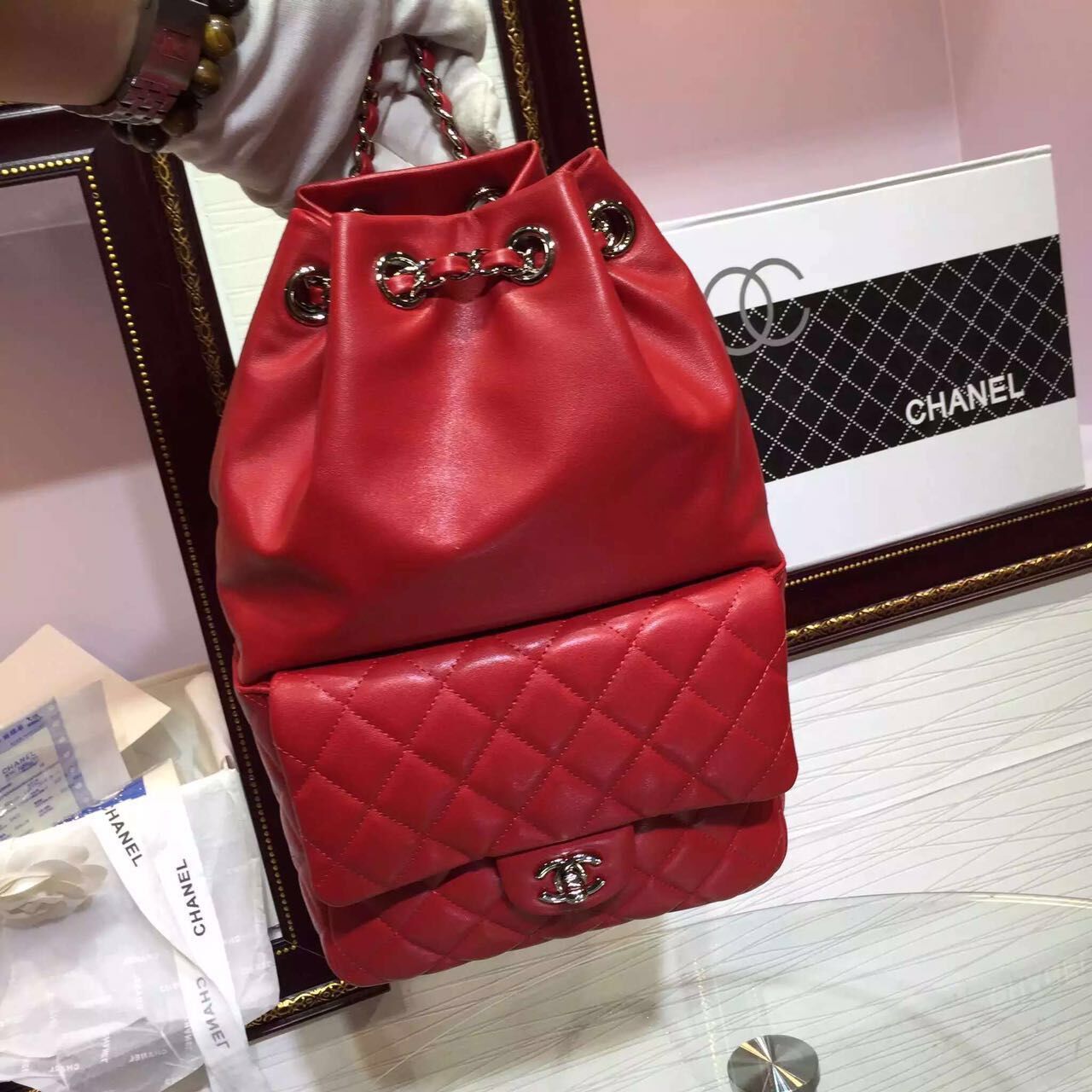 Chanel Sheepskin Leather Backpack 15ss Red