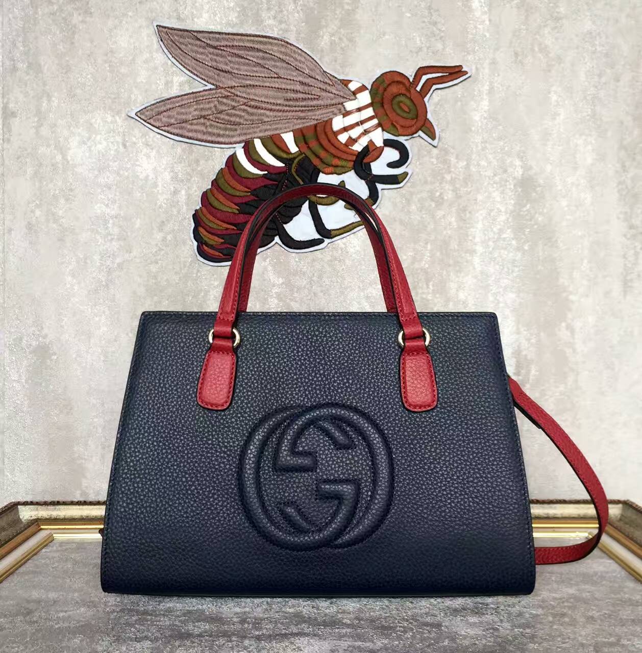 GUCCI Soho Leather Top Handle Bag 431572 Dark Blue&Burgundy&Offwhite