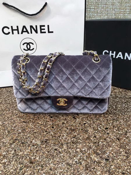 Chanel 2.55 Series Flap Bags Original Grey Velvet Leather A1112 Gold