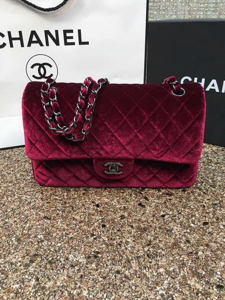 Chanel 2.55 Series Flap Bags Original Wine Velvet Leather A1112 Silver