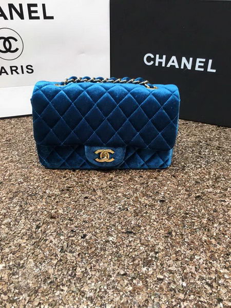 Chanel mini Classic Flap Bag Original Blue Velvet Leather A1116 Gold