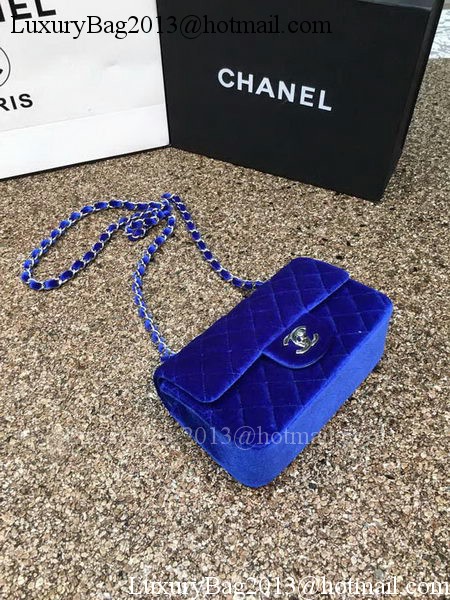 Chanel mini Classic Flap Bag Original Blue Velvet Leather A1116 Silver